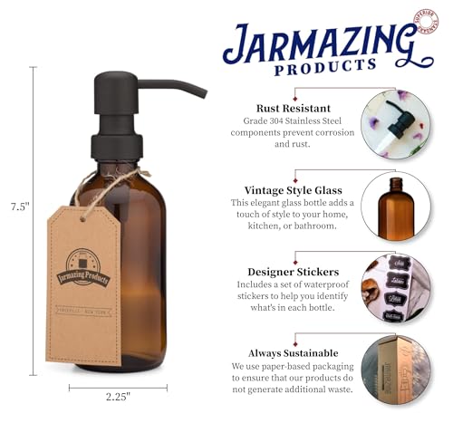 Small Amber Glass Jar Soap and Lotion Dispenser with Matte Black Pump - 8 oz - by Jarmazing Products - color: Amber/Black 8oz, size: Pack of 1