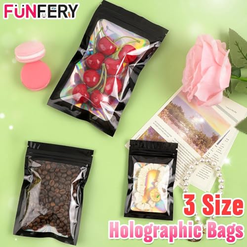 Funfery 300 Pack 3 Size Mylar Holographic Bags with Clear Window,Black - color: Black, size: 4.7x7.9+5.5x7.9+6.3x9.4 Inch