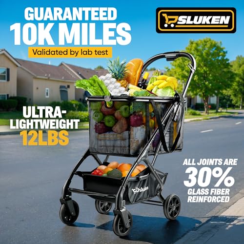 Upgraded Folding Shopping Cart with Wheels, 75Lbs Collapsible Grocery Cart with Removable Basket&360° Wheels, One-Click Folding, Personal Portable Shopping Cart for Groceries, Laundry, Camping - style: 75LB