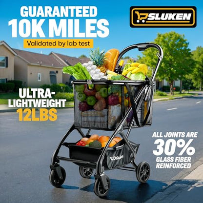 Upgraded Folding Shopping Cart with Wheels, 75Lbs Collapsible Grocery Cart with Removable Basket&360° Wheels, One-Click Folding, Personal Portable Shopping Cart for Groceries, Laundry, Camping - style: 75LB
