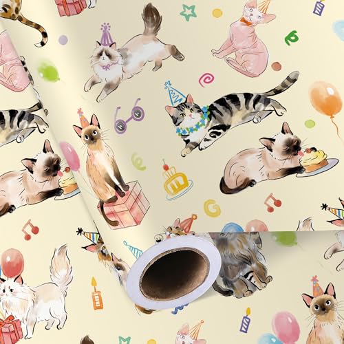 Sikiweiter Cat Birthday Wrapping Paper Roll - 17 Inches x 16.5 Feet, Fun and Colorful Cat Party Print, Perfect for Gifts and Celebrations(Cat Birthday) - color: Cat Birthday