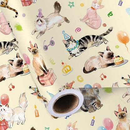 Sikiweiter Cat Birthday Wrapping Paper Roll - 17 Inches x 16.5 Feet, Fun and Colorful Cat Party Print, Perfect for Gifts and Celebrations(Cat Birthday) - color: Cat Birthday
