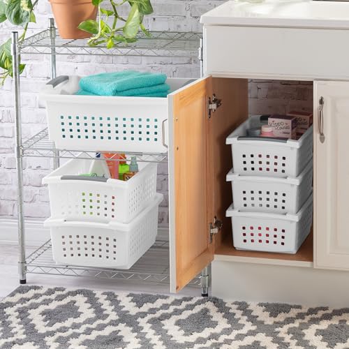 Sterilite Small Stacking Basket Plastic Storage Organizer, White, 4-Pack - size: 4 Pack, style: Small