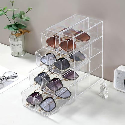 Acrylic Sunglasses Organizer with 4 Drawers - Clear Eyeglass Holder & Storage Case for Multiple Pairs, Jewelry, Makeup,Stackable Display Stand for Home, Office, Travel