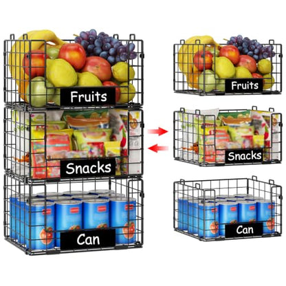 3 Pack XL Stackable Wire Baskets with Handle, Pantry Organizers and Storage - size: XL-12.2"x9.85"x21.5"