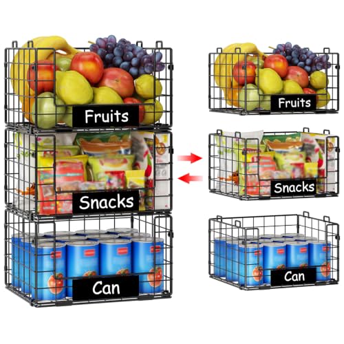3 Pack XL Stackable Wire Baskets with Handle, Pantry Organizers and Storage - size: XL-12.2"x9.85"x21.5"