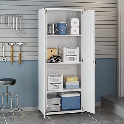 Manhattan Comfort Fortress Textured Metal 75.4" Garage Cabinet with 4 Adjustable Shelves in White - color: White, style: Tall Cabinet