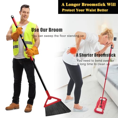Heavy Duty Angle Broom, 3 Pack Longer Commercial Brooms, Swipe Brooms for Sweeping Indoor Outdoor, Perfect Red Broom of Kitchen, Garage, House, Restaurant - color: Red *3p