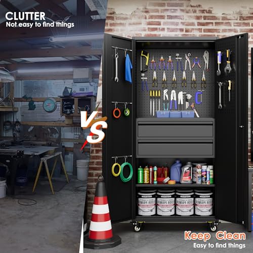 Metal Garage Storage Cabinet with Wheels, 2 Internal Drawers - color: Black, size: 15.5"D x 30"W x 71"H