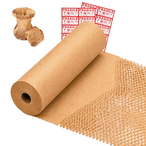 Honeycomb Packing Paper Wrap 15"x108ft Cushioning Packing Material for Moving Dishes Eco-Friendly Wrapping Paper for Glass Moving Protective Paper Bubble Wrap with 20 Fragile Stickers - size: 15" x 108 Ft