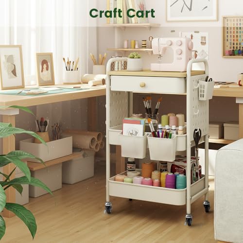danpinera Rolling Utility Cart with Drawer, 3 Tier Rolling Cart with Wheels, Hooks & Hanging Cups, Craft Cart Art Cart Snack Cart Rolling Storage Cart with Wooden Table Top & DIY Pegboards, White - color: Ivory