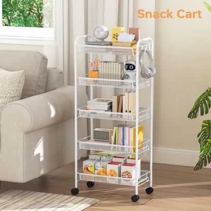 TOOLF 5 Tier Rolling Cart, Metal Utility Storage Cart with Wheels, White - color: White, size: 5-Tier