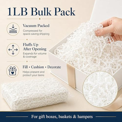 STRBOXONG White Crinkle Paper Filler 1 LB, Dust-Free Crinkle Cut Paper Shred for Gift Baskets, Gift Boxes, Gift Bags, Wedding Favors, Retail Packaging, Small Business Orders and Party Supplies - color: White