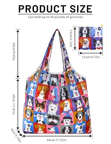 4 Pcs Reusable Grocery Bags, Foldable Shopping Bags Heavy Duty, Large Nano Bag Cute Tote Bag for Daily Shopping, Waterproof and Machine Washable (Animals)