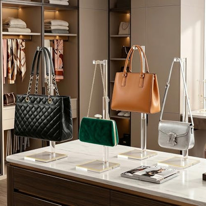 6Pcs Clear Acrylic Display Stand Bundle with Gold Trim, 4 Adjustable Purse Holders (14"-24") & 2 Widen 3-Tier Wallet Risers, Handbag and Clutch Countertop Organizer Rack Set for Retail Boutique