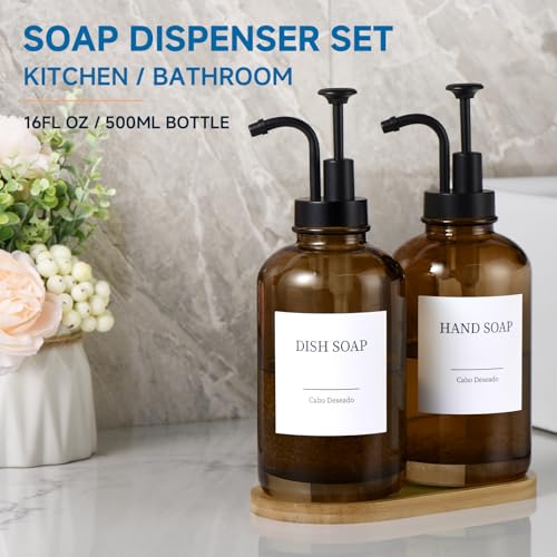 Glass Soap Dispenser with Pump, Dish and Hand Soap Dispenser for Kitchen Bathroom Set, Clear Glass Dispenser Set of 2 Pack with 18 Stickers Funnel Bamboo Tray 500ml 18oz Amber - color: Glass Amber