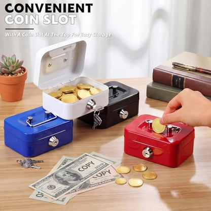 Tandefio 12 Pcs Small Money Cash Box with Lock and Slot Metal Box for Cash Steel Organizer Piggy Bank Metal Coin Bank for Adults, 4.5 x 3.3 x 2 Inch, Without Money Tray (Black,Blue,Red,White) - color: Black, Blue, Red, White