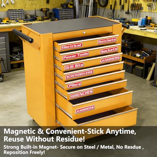 12 Pack of Magnetic Toolbox Labels,Magnetic Tool Box Organization Label Strong Magnets-Reusable Organizer Labels for Steel Toolboxes,Carts,Drawers & Cabinets (Red)
