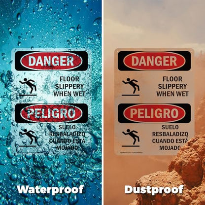 (2 Pack) Floor Slippery When Wet Bilingual OSHA Danger Sign 7 Inch X 10 Inch Plastic Sign, Weather Resistant, UV Protected for Workplace, Business, and Construction Site, Made in the USA