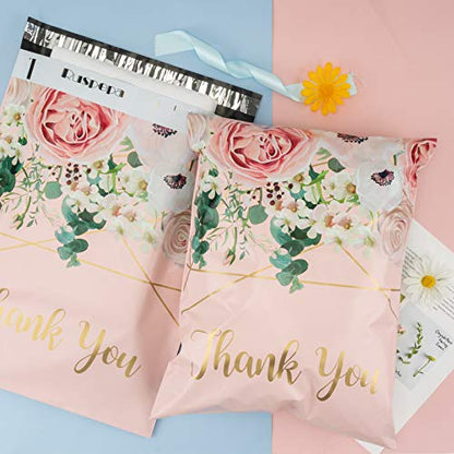 RUSPEPA Poly Mailers Shipping Bags Thank You Notes Flowers Surrounded 3 Mil Heavy Duty Self Seal Mailing Envelopes - Pink, 12 x 15.5 inches, 50 Pack