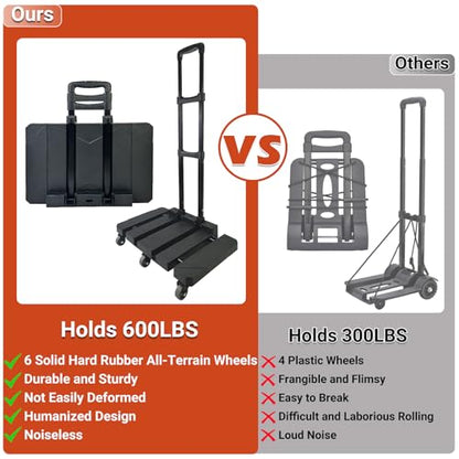 600lbs Folding Hand Truck, Portable Heavy Duty Dolly Cart with 6 Wheels & 2 Elastic Ropes, Light Weight Utility Dolly Platform Cart, Collapsible Dolly for Luggage, Travel, Moving, Shopping Use - style: 600 lbs, 6 Wheels