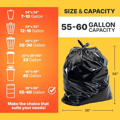 Bagtron 55-60 Gallon Trash Bags, 50 Micron Heavy Duty Pure LDPE Garbage Can Liners, 36" x 58" Large, Black, 50 Count - style: 60 Gal, 2mil (50ct)