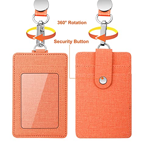 Life-Mate Badge Holder - Leather ID Badge Card Holder Wallet Case with 3 Cards Slot and Neck Lanyard/Strap. Additional Retractable Badge Reel with Belt Clip (Orange, Linen Finish) - color: Orange