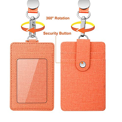 Life-Mate Badge Holder - Leather ID Badge Card Holder Wallet Case with 3 Cards Slot and Neck Lanyard/Strap. Additional Retractable Badge Reel with Belt Clip (Orange, Linen Finish) - color: Orange