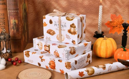 Sikiweiter Fall Pumpkin Wrapping Paper Roll, 17 Inches x 16.5 Feet, Autumn Pumpkin Plaid Bow Maple Leaf Cozy Gift Wrap for Thanksgiving and Fall Harvest(Autumn) - color: Autumn