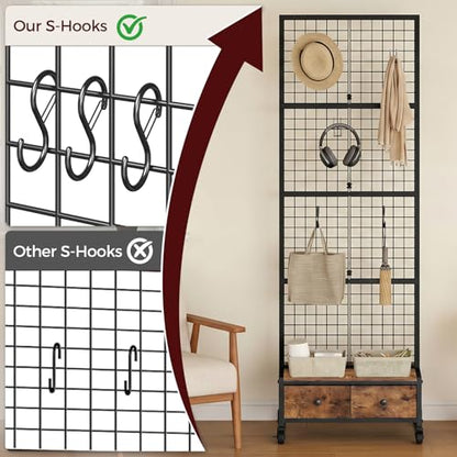 MAHANCRIS 1.8' x 5.6' Ft Grid Wall Panel, Retail Display Rack with 2 Fabric Drawers & 4 Wheels, Gridwall Display Stand with 10 Hooks and 10 Anti-Wind S-Hooks, for Entryway, Kitchen, Outdoors, GPHR5601