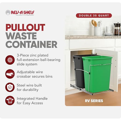 Rev-A-Shelf Double Pullout Garbage Trash Cans for Kitchen Cabinets, 35 Qt - color: Black & Green