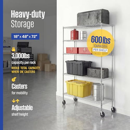 SafeRacks NSF 5-Tier Heavy Duty Wire Shelving Unit w/Wheels, 18"x48"x72" - color: Silver, size: 18"x48"x72" 5-Tier