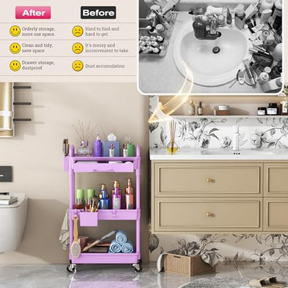 Goovilla Rolling Makeup Organizer Cart with Removable Drawer, 3 Tier Purple - color: Purple, size: 3 Tier