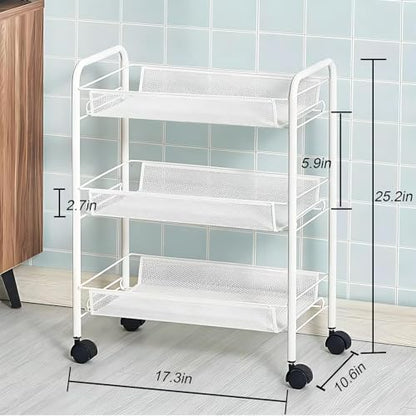 Storage Carts 3-Tier, Metal Utility Rolling Cart, White - color: White
