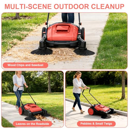 43" Walk-Behind Hand Push Floor Sweeper, 15 Gallon Waste Container, 46000 Sq Ft/H Efficiency, Angle & Height Adjustable Folding Handle for Yard, Garage, Patio & Walkway Cleaning (Red) - color: Red