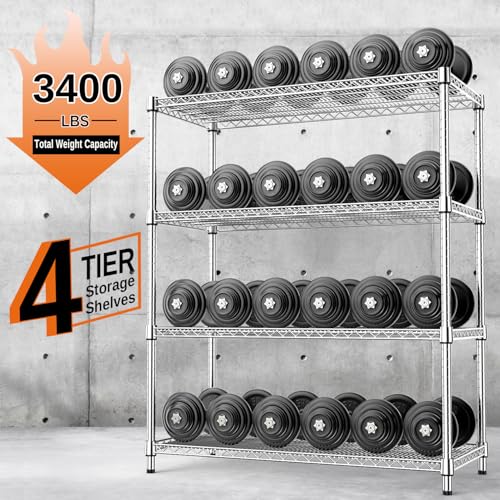 IZEUK 3400 LBS Garage Shelving Wide Storage Shelves 4 Tier Metal Shelves Heavy Duty Adjustable Utility Shelf Rack Chrome 17.7" D x 47.2" W x 70.4" H - color: Chrome, size: 4 Tier, 17.7" D x 47.2" W x 70.4" H