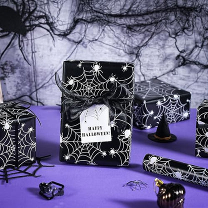 WRAPAHOLIC Halloween Wrapping Paper - Mini Roll - 17 Inch x 16.5 Feet - Black White Spider Web and Spider Wrapping Paper for Halloween Deco, Holiday, Party - color: Spider Web & Spider