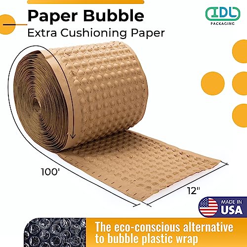 IDL Packaging 12" x 100' Paper Bubble Cushioning Wrap - Earth-Friendly Alternative to Plastic Bubbles - 3/4" Bubble Size - Packing Material for Moving, Shipping, and Storing