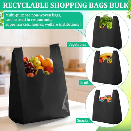 Windyun Reusable Grocery T Shirt Bags Bulk Small Non Woven Shopping Bag 10 x 18 x 5 Inch Foldable Tote with Handle Party Gift - color: Black