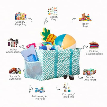 Extra Large Utility Tote Bag - Oversized Collapsible Beach Bag - Geo Teal - color: Geo Teal