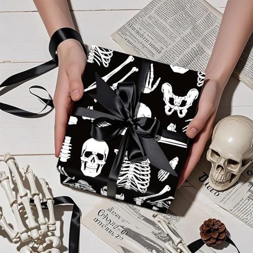 WRAPAHOLIC Halloween Wrapping Paper - Mini Roll - 17 Inch x 16.5 Feet - Skeleton and Bone Wrapping Paper for Halloween Deco, Birthday Gift Wrap - color: Bone
