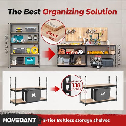 HOMEDANT Black 47.7" W 5 Tier Storage Shelves Garage Shelving Unit Metal - color: Black, size: 47.7"W x 18.2"D