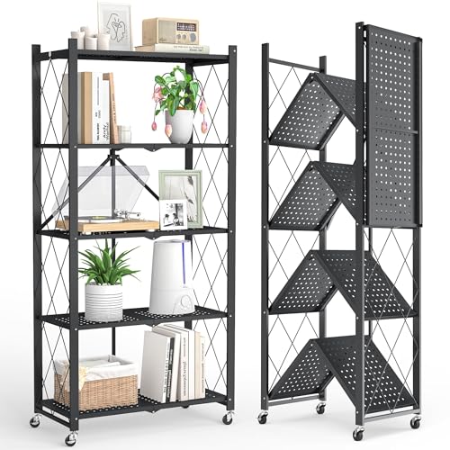 Fenbeli 5-Tier Folding Metal Storage Shelves with Wheels, 750 lb Capacity - color: Black, size: 5 Tier
