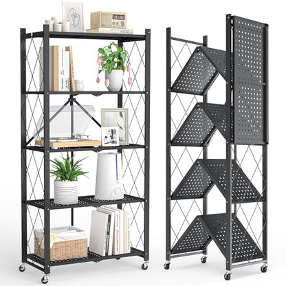 Fenbeli 5-Tier Folding Metal Storage Shelves with Wheels, 750 lb Capacity - color: Black, size: 5 Tier