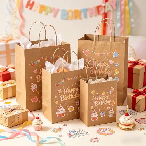 BagDream 100 Pack Kraft Paper Gift Bags with Handles Assorted Sizes Bulk