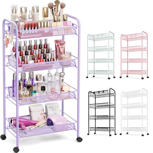 TOOLF 4 Tier Rolling Cart, Metal Utility Storage Cart with Wheels, Purple - color: Purple, size: 4-Tier