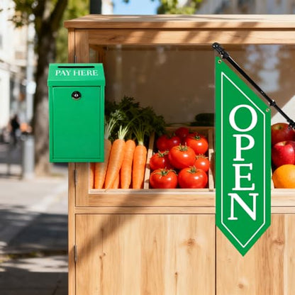 Locking Metal Cash Box with Key – 10.2"x5.7"x2.8" Money Collection Safe for Farm Stand or Retail – OPEN Flag Banner Kit with Pole & Bracket, Double-Sided Canvas Open Sign 42"x12" (Green) - color: Green