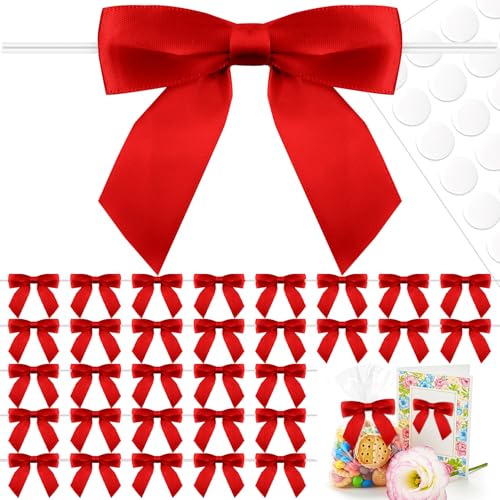 50 Pcs Red Satin Ribbon Bows, 3.5" x 3.5", with Twist Ties - color: Red