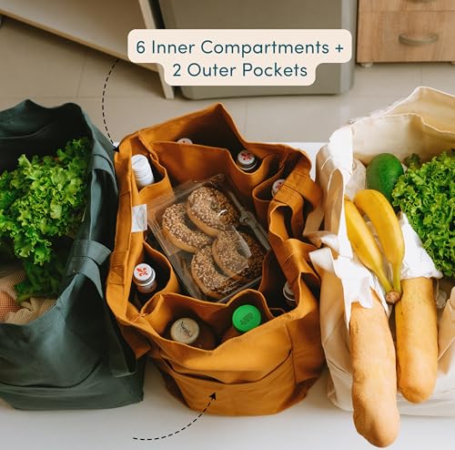 Nook Theory 3-Pack Reusable Grocery Bags - Heavy Duty, Large 12 Oz Cotton Canvas Reusable Shopping Bags With Pockets, 100% Cotton Cloth Grocery Totes, Foldable Multi Compartment (Sand) - color: Sand