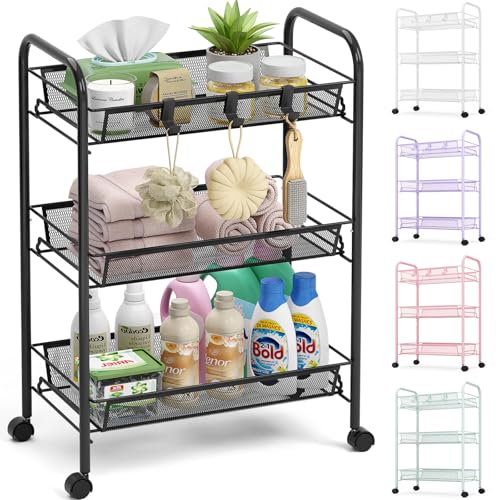 TOOLF 3 Tier Rolling Cart, Metal Utility Storage Cart with Wheels, Black - color: Black, size: 3-Tier